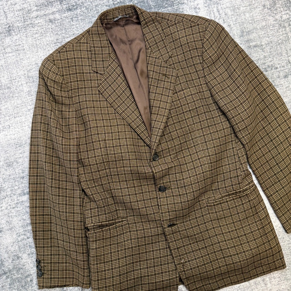 VTG Barneys New York Sport Coat Men 40R Brown Plaid Woven Blazer Old Money Italy